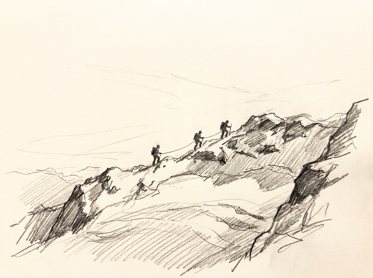 Graphite sketch: a roped team on a ridge line